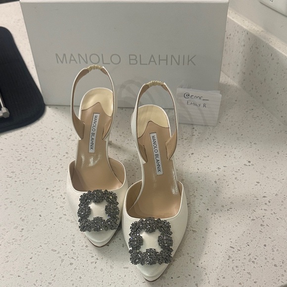 Manolo Blahnik Shoes - Manolo Blahnik White Heels with Silver Embellishments